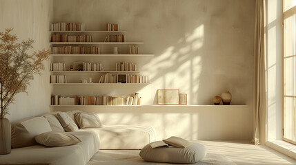 A serene living room featuring a sleek, monochromatic bookshelf against a neutral backdrop. 