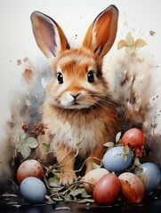Easter Charm: Aquarelle Bunny with Eggs