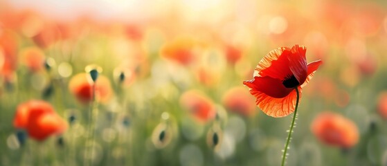 Blooming poppy on blurred background. - obrazy, fototapety, plakaty
