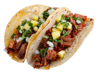 Traditional mexican tacos with meat, isolated on transparent background.
