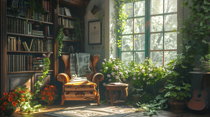 A sunlit corner with a cozy reading nook, featuring a single armchair and a small side table. 