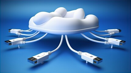 cloud, usb, cables, blue, background, stylized, white, connected, picture, technology, digital, internet, connection, data, concept, innovation, modern, design, tech, creative