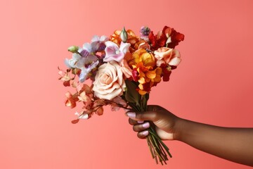 African American woman's hand delicately holds a diverse and colorful bouquet of flowers against a soft pink backdrop