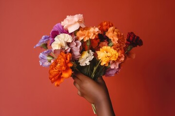 African American child's hand tenderly presents a colorful bouquet of various flowers, a delightful surprise for Mother's Day