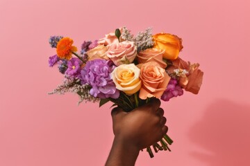 African American child's hand tenderly presents a colorful bouquet of various flowers, a delightful surprise for Mother's Day