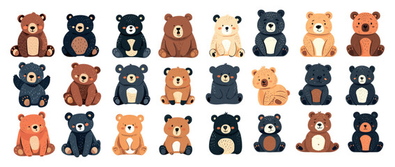 Cartoon bears in minimalist chibi style hand drawn vector set. Cute animals of different colors with emotions and poses. Fun children s graphics for illustrations and design. Vector Isolated on white