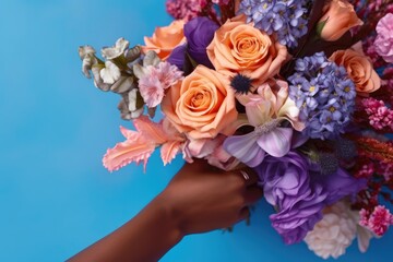 African American female hand holds a rich bouquet with roses and various flowers, set against a cool blue background