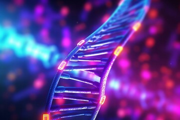 Sci-tech DNA in neon background, 3D render. Generative AI