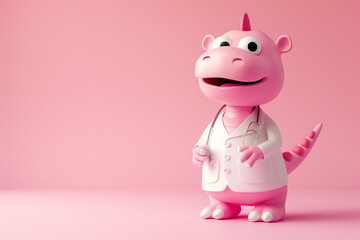 Cute 3D Cartoon T-Rex: Adorable Pink Dinosaur in Doctor Uniform Isolated on Pink Background.