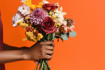 African American woman's hand elegantly holds a bouquet of diverse, vivid flowers against a rich orange backdrop, suggesting a gift or celebration