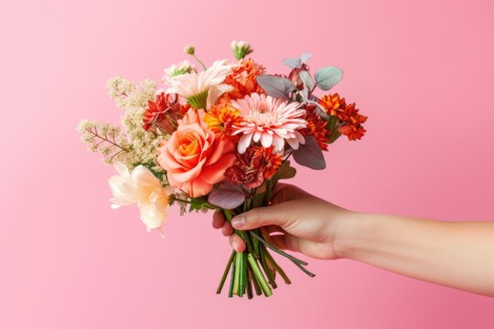 close up view of a feminine hand holding a bouquet against a pink background, highlighting a variety of flowers