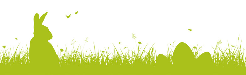 Easter border with Easter bunny and Easter eggs on the grass. Easter banner - 734053307