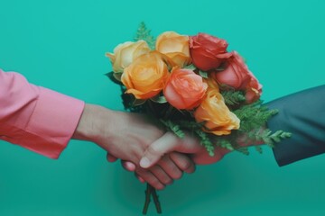 Two hands, one male and one female, in a warm handshake while exchanging a vibrant bouquet of roses against a teal backdrop