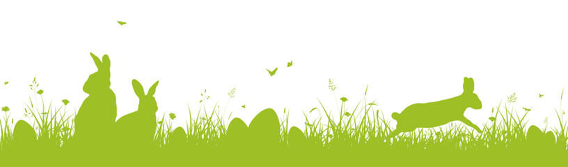 Easter banner with Easter bunnies and Easter eggs on the grass. Easter hunt border - 734053371