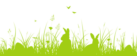 Easter banner with Easter bunnies and Easter eggs on the grass. Easter hunt illustration with meadow, rabbits and eggs - 734053372