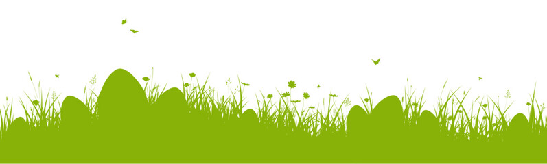 Easter hunt banner with Easter eggs on the grass. Easter border with meadow silhouette