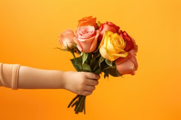 child's small hand, clad in pink, extends a vibrant collection of roses in a warm embrace of sharing and celebration, set against a vivid yellow background