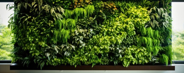 Green living wall with perennial plants in modern office. Urban gardening landscaping interior design. Fresh green vertical plant wall inside office