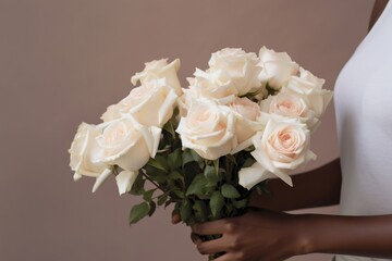 Close up African American woman's hands delicately holding a bouquet of ivory roses, set against a neutral background