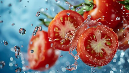 Flying Fresh Tomatoes with Water Splashes on Blue Background