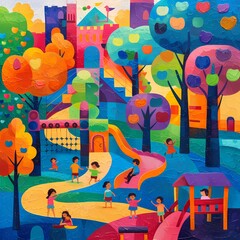 Vibrant Park Life Scene with Playful Children and Colorful Nature