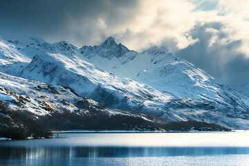 Winter landscape with a lake and mountain peaks in the background