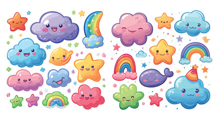 Clouds kawaii cartoon illustration, cute magic doodle style, hand drawn funny child art design. Splendid vector kid concept isolated on white background