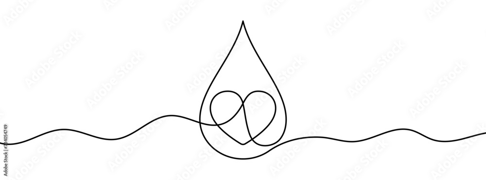Wall mural continuous editable line drawing of water drop and heart shape. single line water drop icon.
