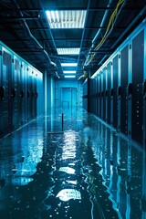 Photo of flooded servers. Room submerged in water.