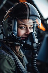 Thrilled female pilot inside the military aircraft