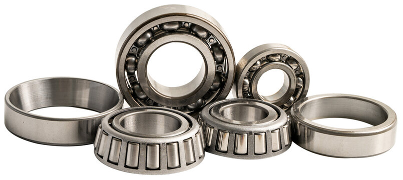 Ball bearing stainless metal roller for machine industrial, angular contact isolated on white background.