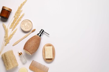 Bath accessories. Different personal care products and dry spikelets on white background, flat lay with space for text