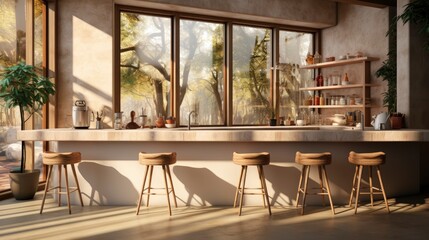 Home kitchen interior with bar counter and seats, cabinet and panoramic window, copy space