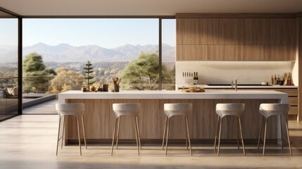 Home kitchen interior with bar counter and seats, cabinet and panoramic window, copy space