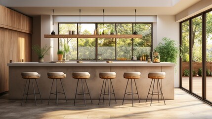 Fototapeta premium Home kitchen interior with bar counter and seats, cabinet and panoramic window, copy space