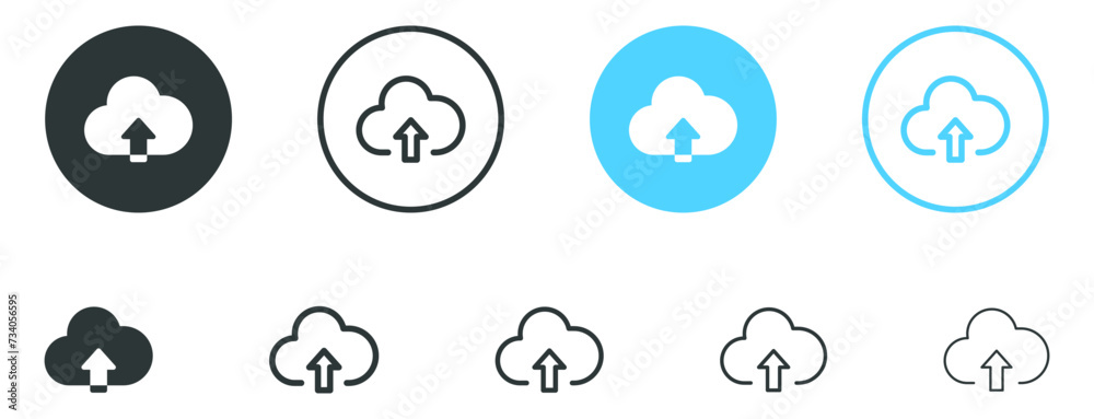 Poster cloud upload icon arrow up symbol icon in flat style, line outline web icons button