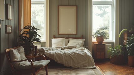 Vintage Bedroom Aesthetic with Lush Greenery and Retro Furniture