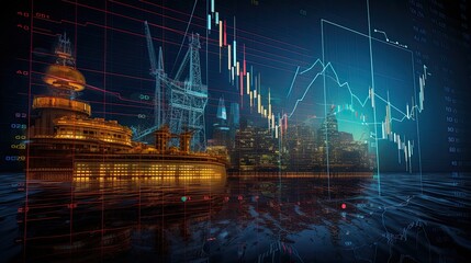 stock market charts with a offshore oil platform in the background,