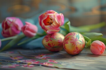 Obraz na płótnie Canvas Hand-painted Easter eggs with vibrant pink tulips on wooden surface. Festive Easter holiday arrangement with traditional painted eggs and tulips