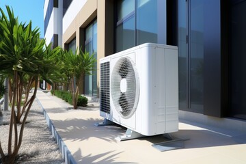 Air heat pump at modern house - energy efficient hvac system for residential use