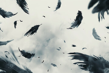 black feathers in the sky above white background in t - obrazy, fototapety, plakaty