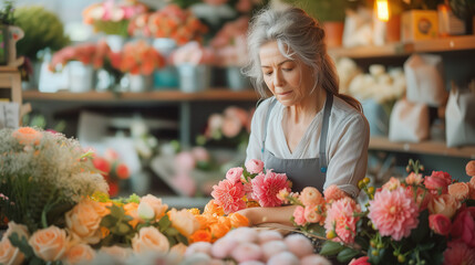 A elegant woman shop owner working with flower. flower showing on background. 