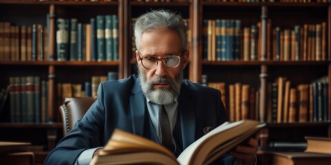 A Focused Lawyer Reading A Law Book In A Professional Office Setting. Concept Focused Lawyer, Law Book, Professional Office, Legal Expertise - obrazy, fototapety, plakaty