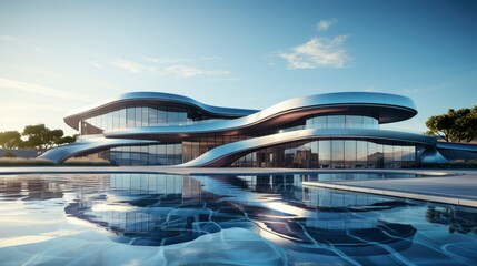 Modern building with wavy futuristic design, low angle view of abstract curve lines and sky....