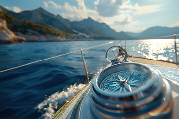 Vintage Compass on Sailboat Deck at Sunset. A detailed view of a vintage compass on a wooden sailboat deck, navigating the sea at sunset. © WMSTUDIO