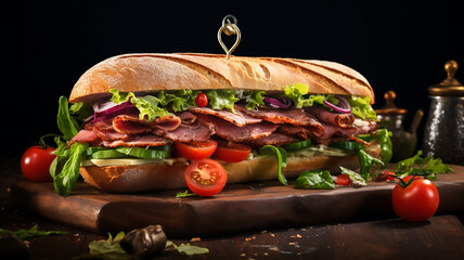 Fresh gourmet sandwich with meat and vegetables
