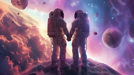 Interstellar Love: Astronaut Couple Holding Hands Amidst Cosmic Clouds