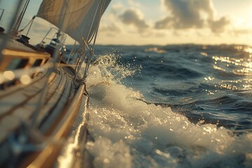 Close-Up of Sailboat Keel Slicing Through Ocean Waters. A detailed shot of a racing sailboat's hull and keel cutting through the sea at sunset, water droplets sparkling.