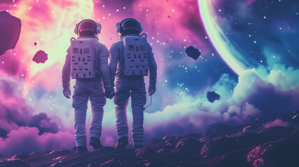 Obraz premium Interstellar Love: Astronaut Couple Holding Hands Amidst Cosmic Clouds