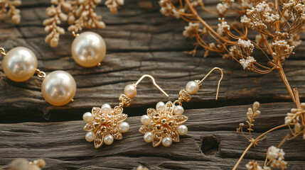 Fototapeta na wymiar Pearl golden earrings pair and hairpin set on woo